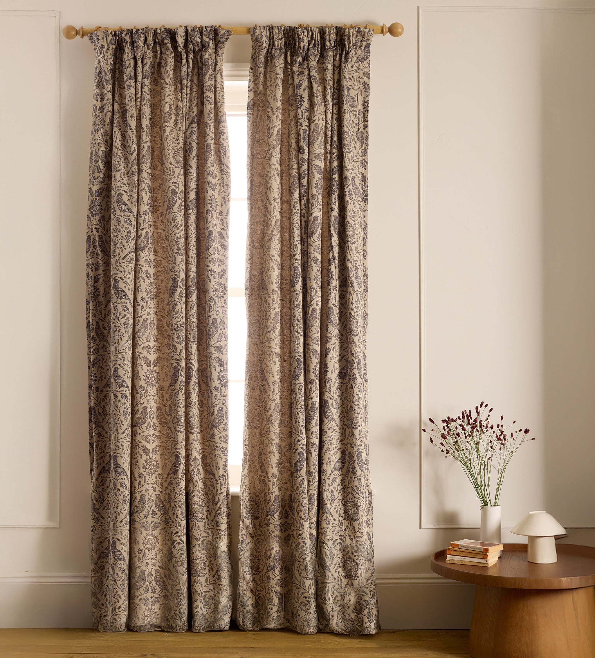 Birdie Jacquard 100% Cotton Lined Pencil Pleat Curtain (Pair)