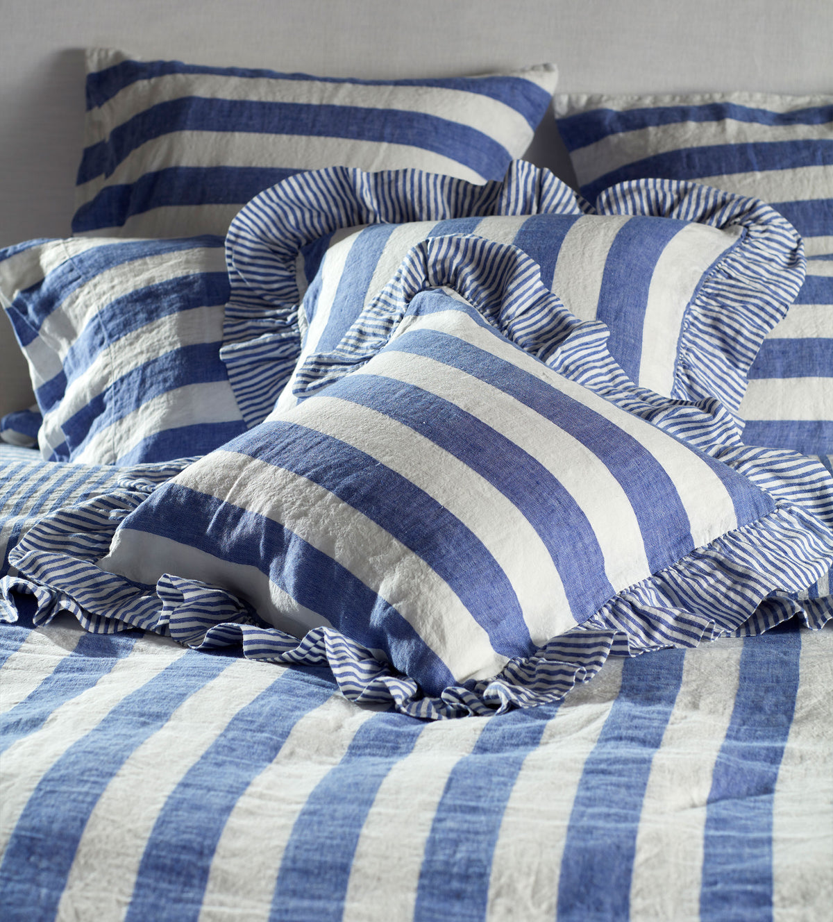 Cobalt Cora Wide Stripe 100% Linen Frill Edge Cushion Cover