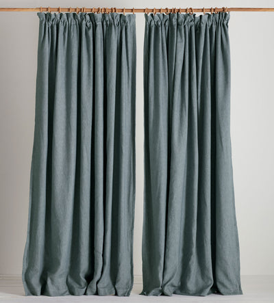 Darkest Spruce Twill Cotton Linen Blackout Pencil Pleat Curtains (Pair)