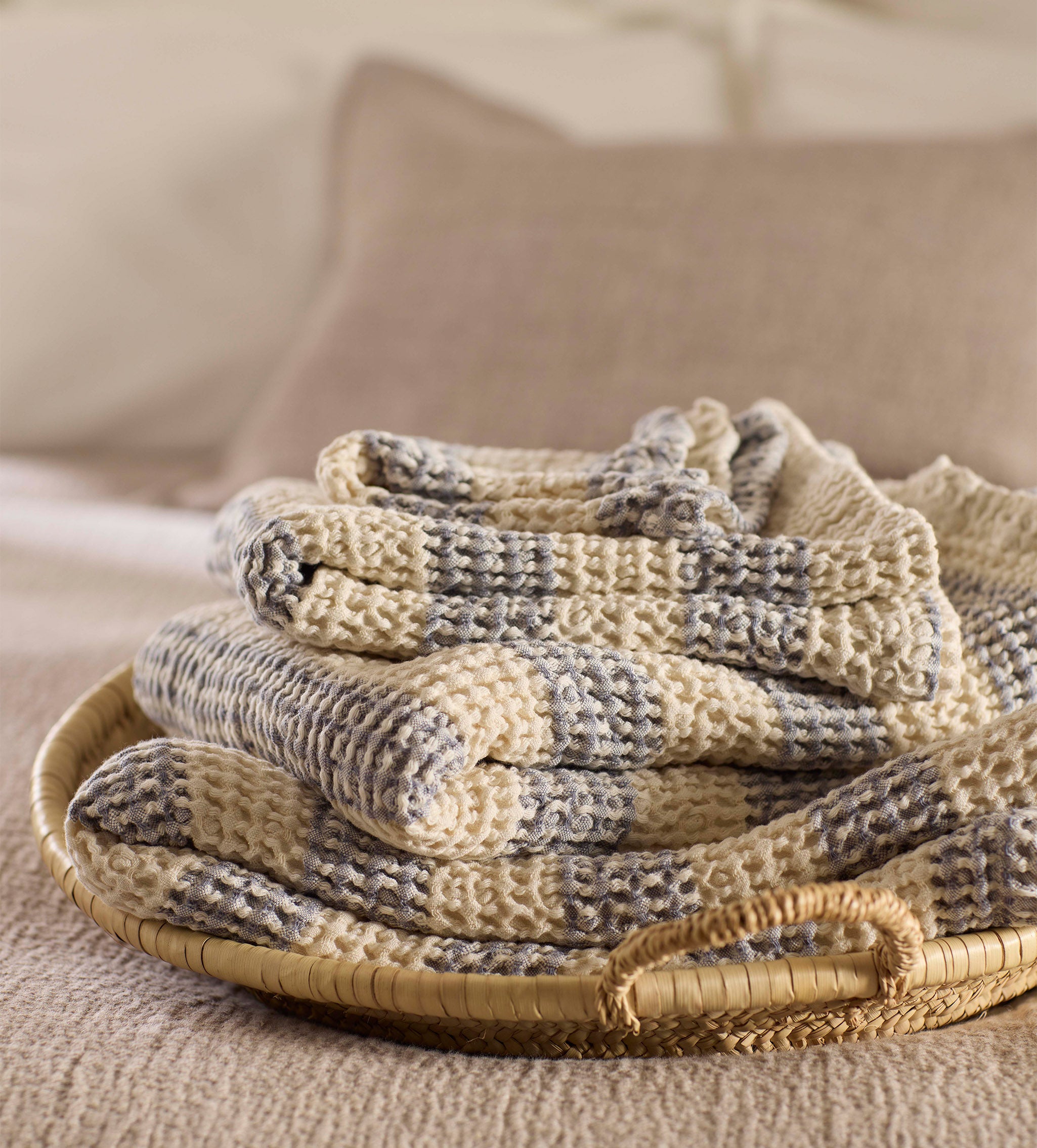 French Blue Wide Stripe 100% Cotton Waffle Towel