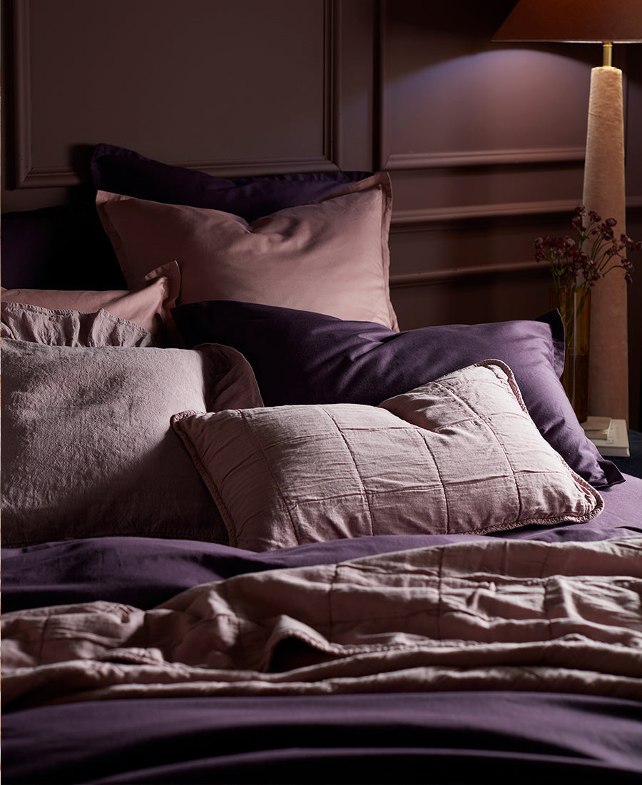 Our Aubergine Super Soft Cotton Bed Linen with Vintage Rose  Finn 100% cotton quilted cushion covers and throw.