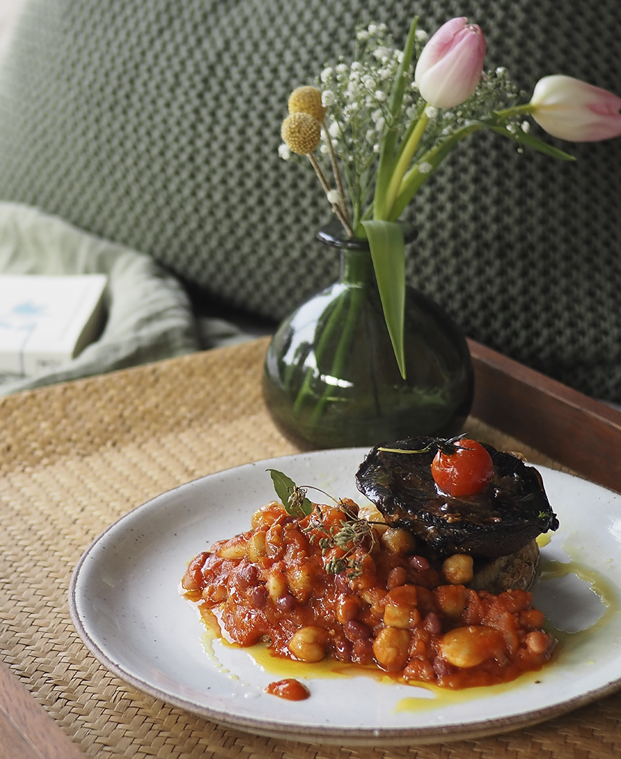 Vegan homemade campfire baked beans & miso field mushroom