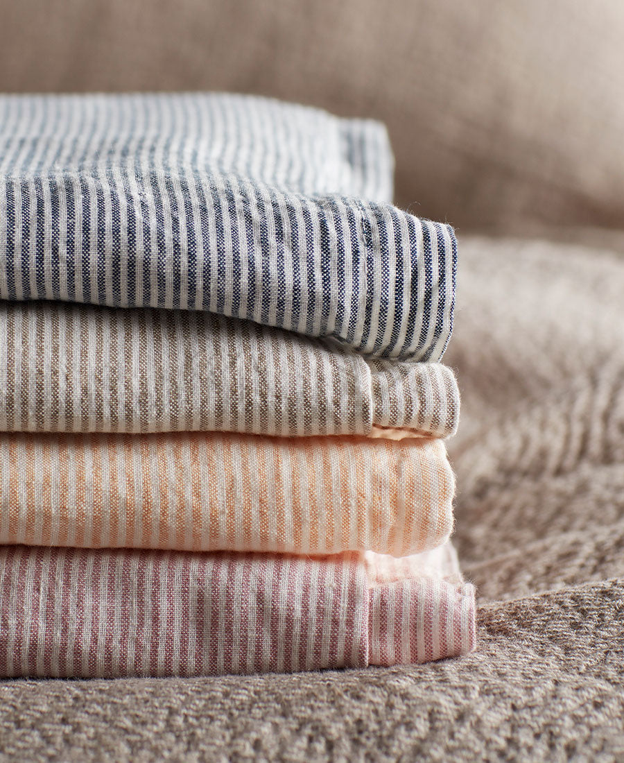 A stacked image of our Sid Striped 100% linen bedding.