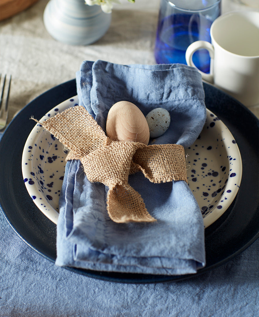 blue linen napkins with eggs