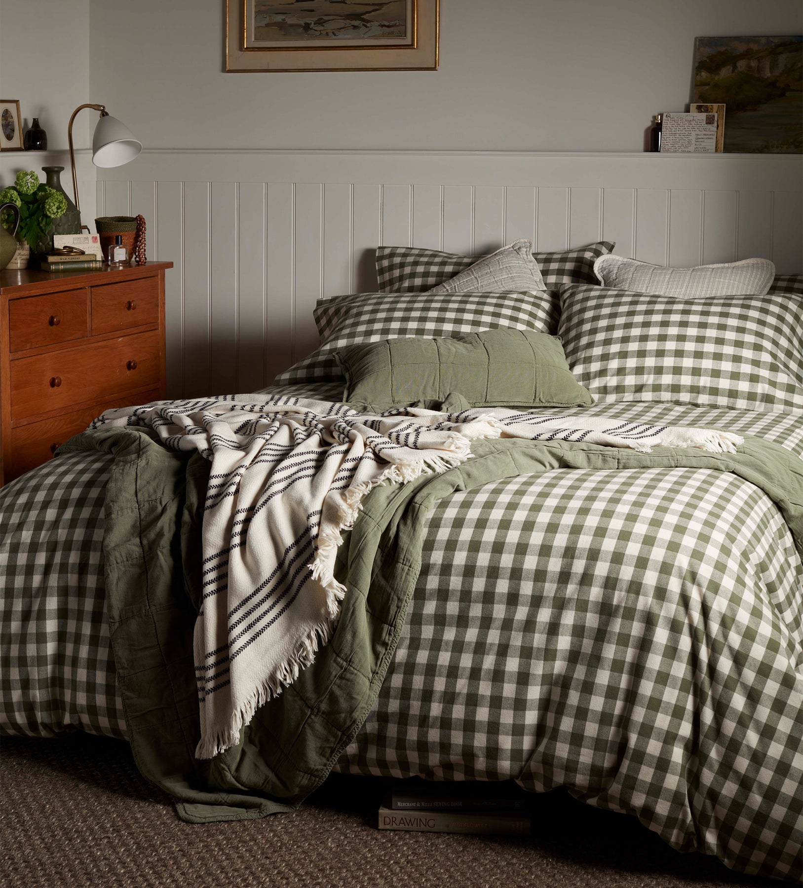 Farmhouse Bed Linens Olive Green Gilbert Gingham Brushed Cotton Bed Linen Set | Secret Linen
