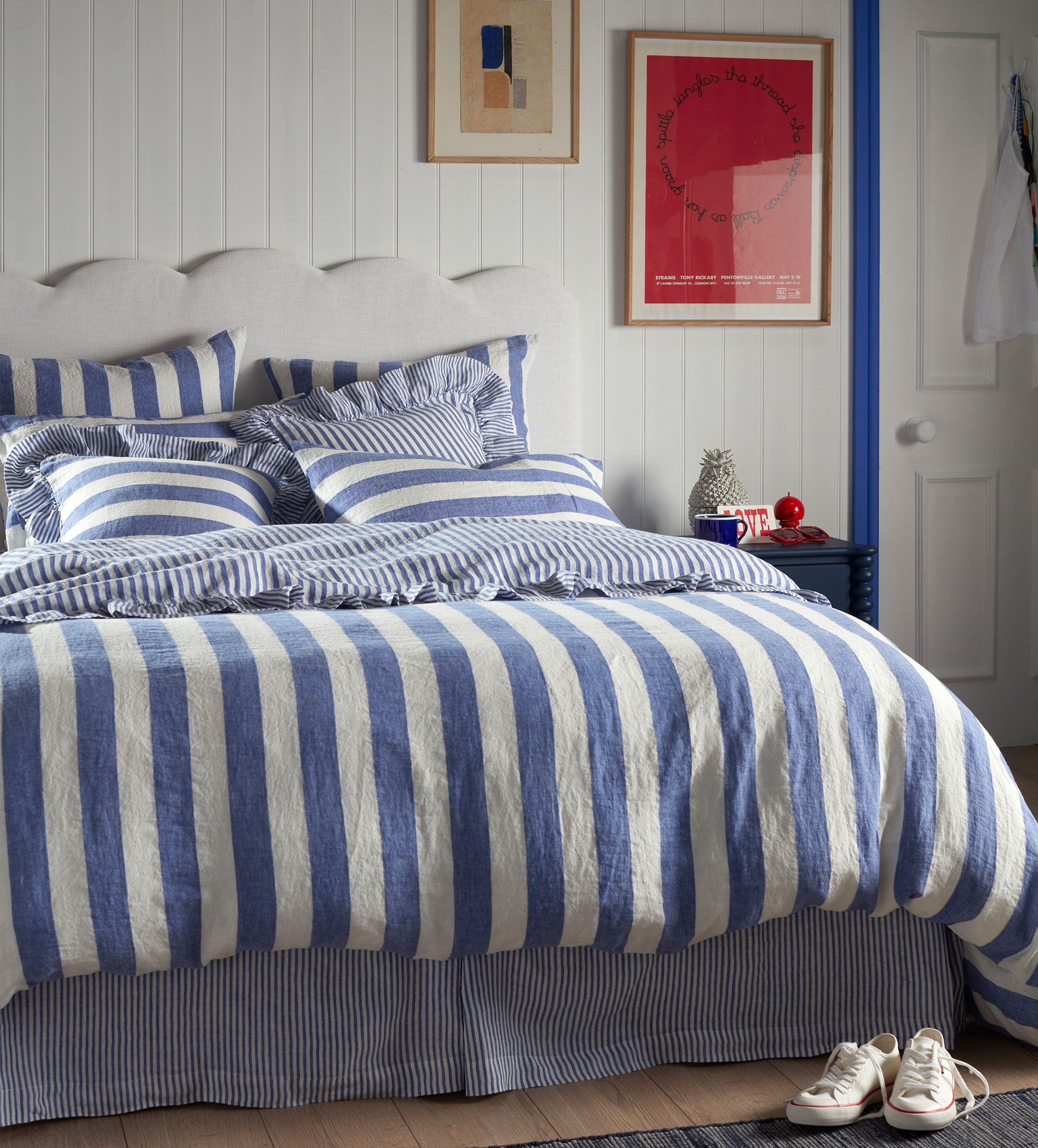 Cobalt Cora Wide Stripe 100% Linen Frill Edge Cushion Cover