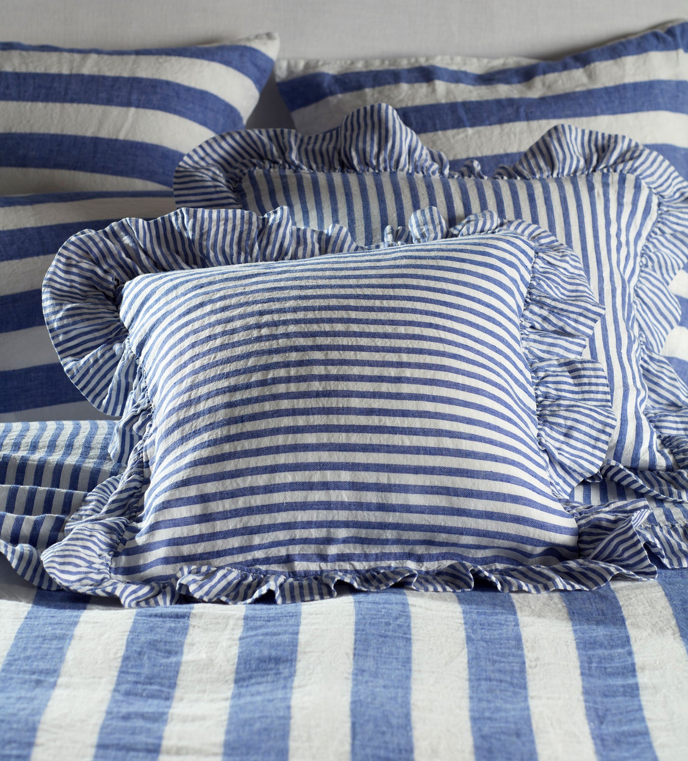 Cobalt Cora Mid Stripe 100% Linen Frill Edge Cushion Cover