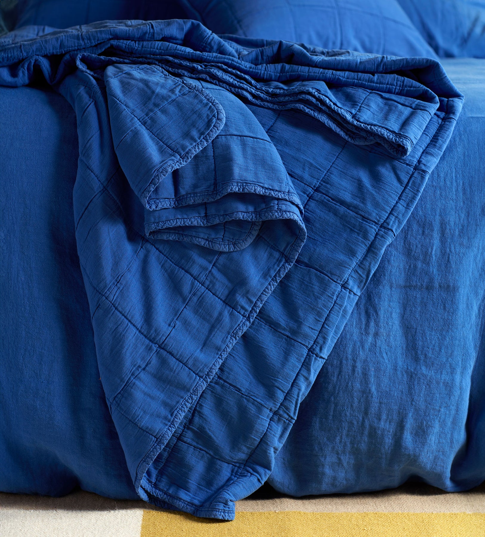 Cobalt Finn 100 Cotton Quilted Cushion Cover and Throw Secret Linen