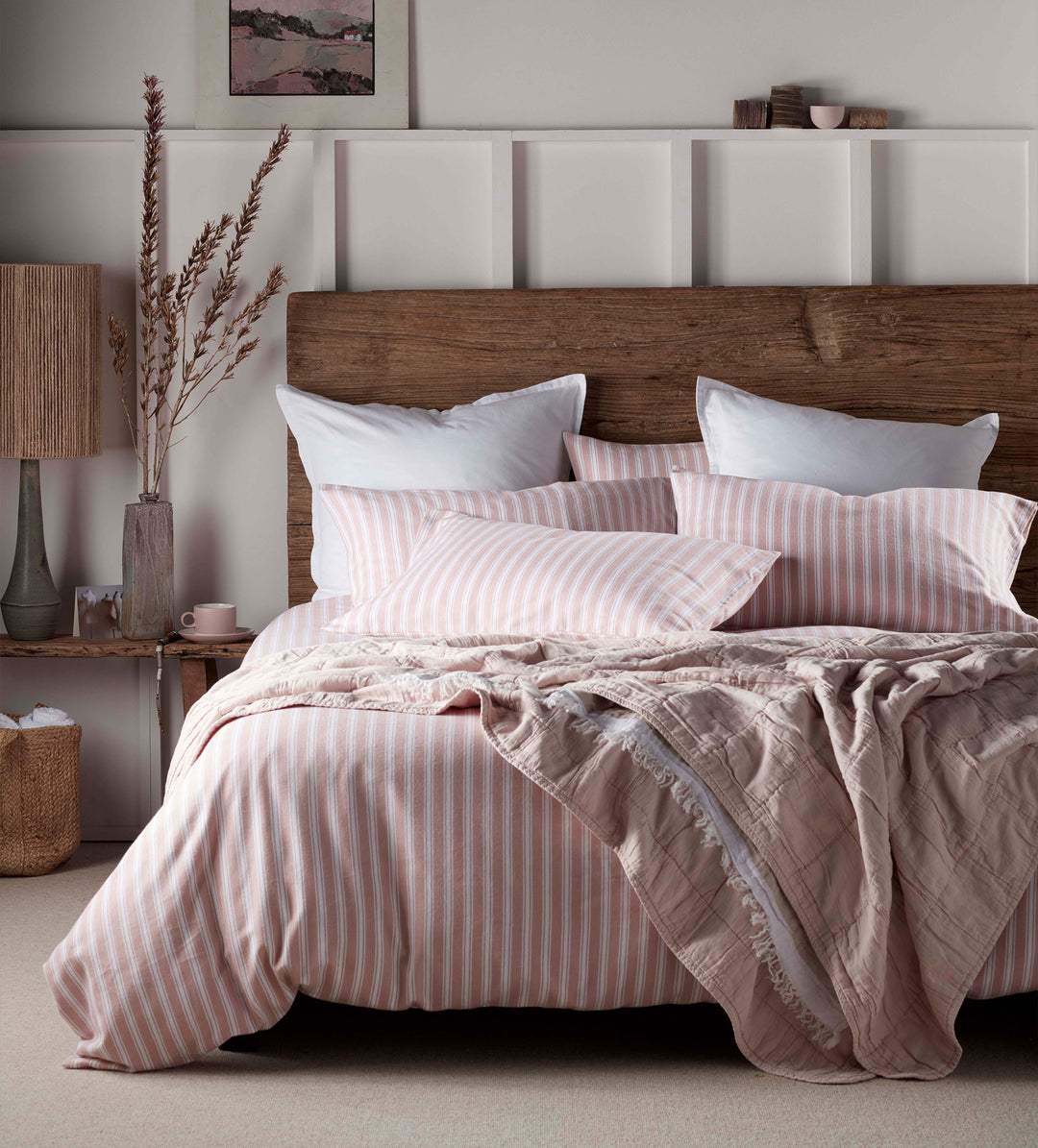 Blush Pink Fred Stripe Brushed Organic Cotton Bed Linen Set