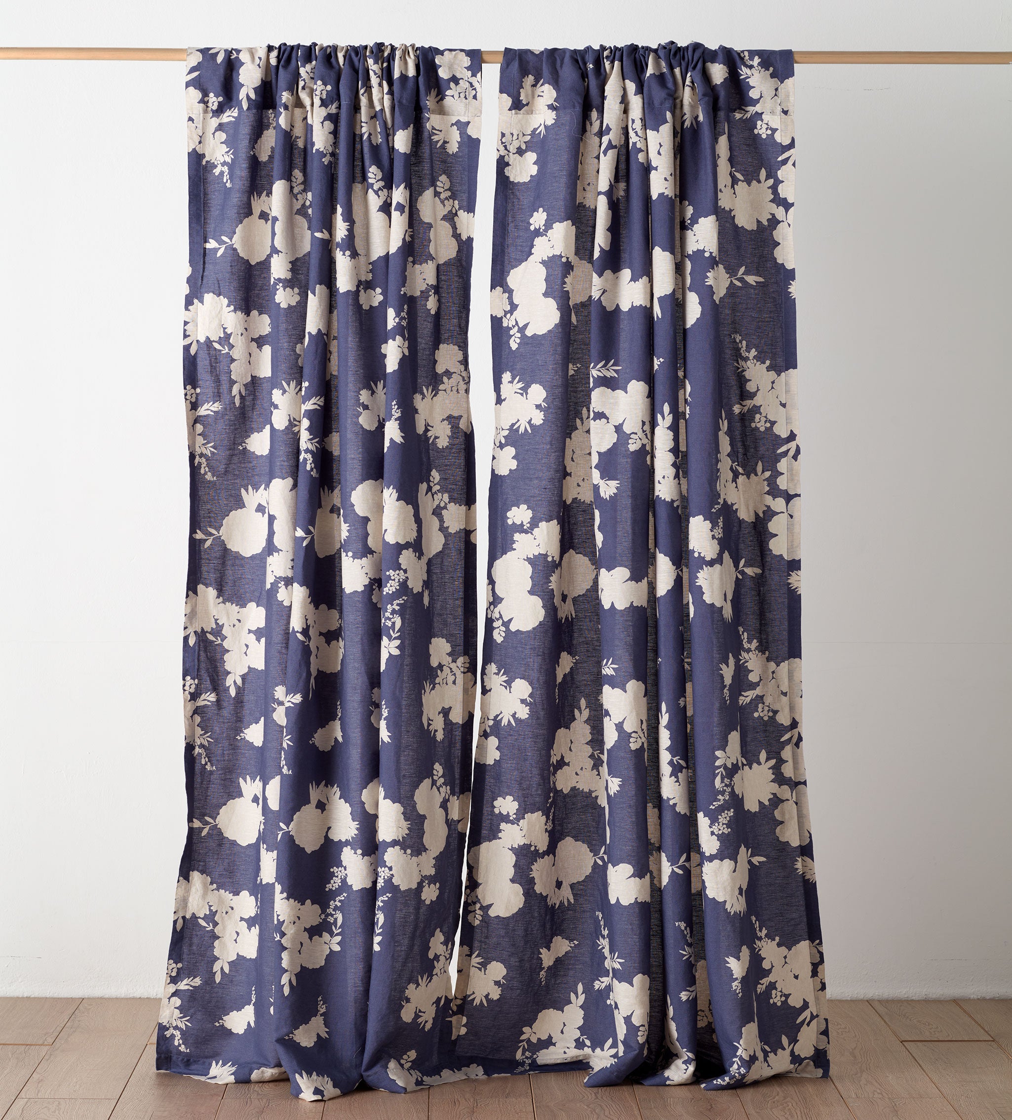 Ink Blue Flower Press Linen Blend Loop Top Curtain (Single)
