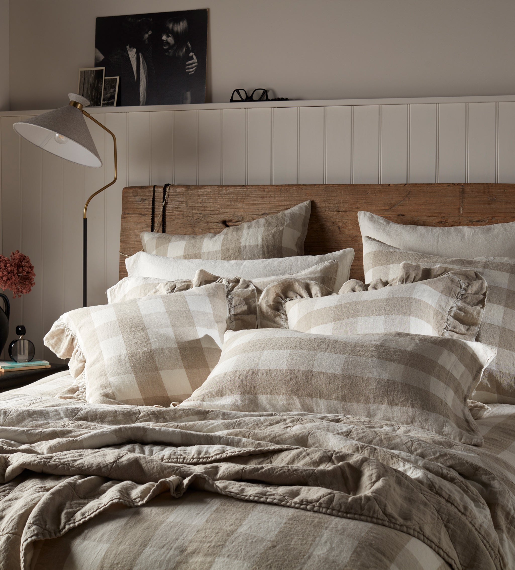 Natural Gracie Gingham Linen Quilted Throw