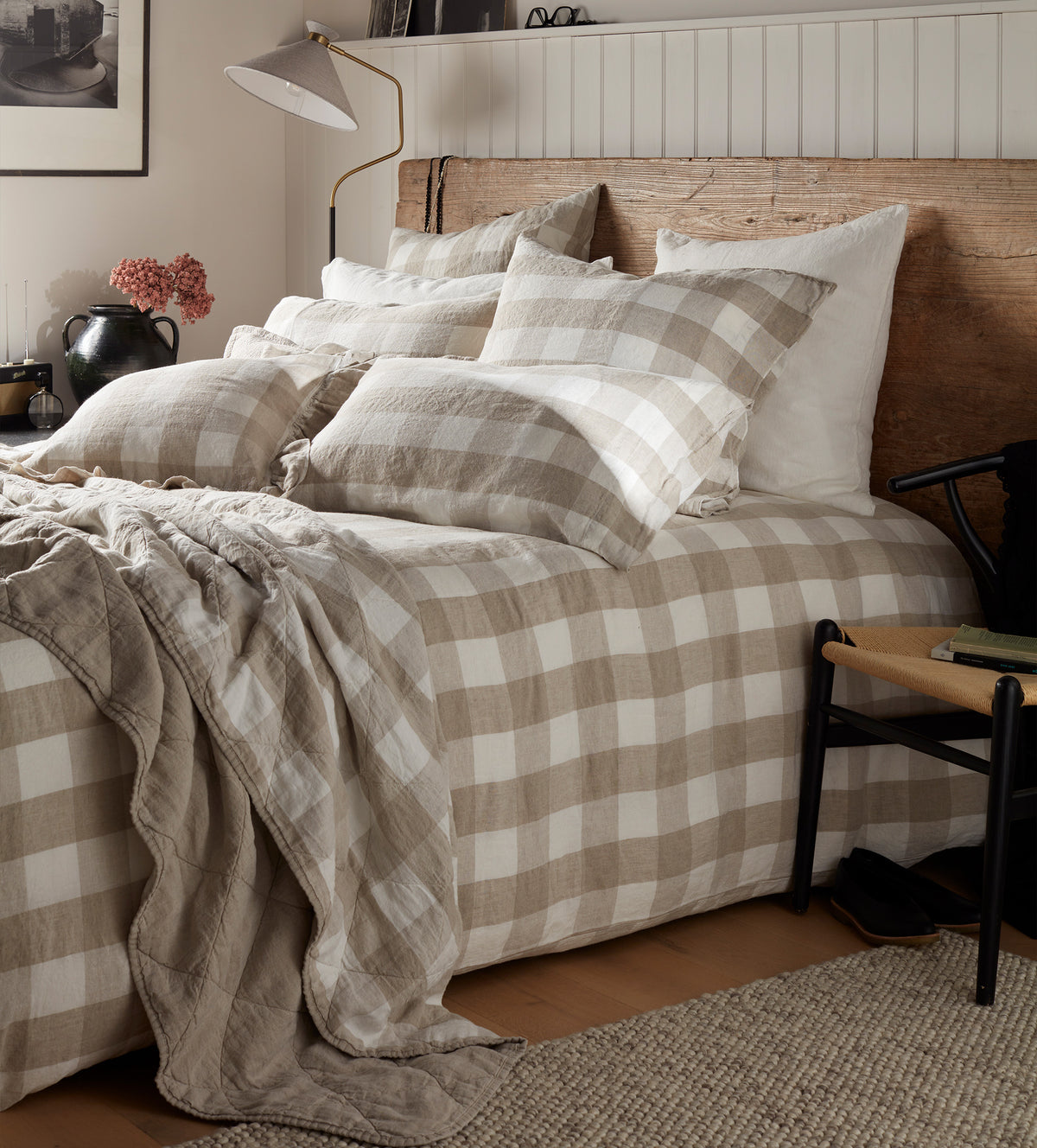 Natural Gracie Gingham 100% Linen Bed Linen