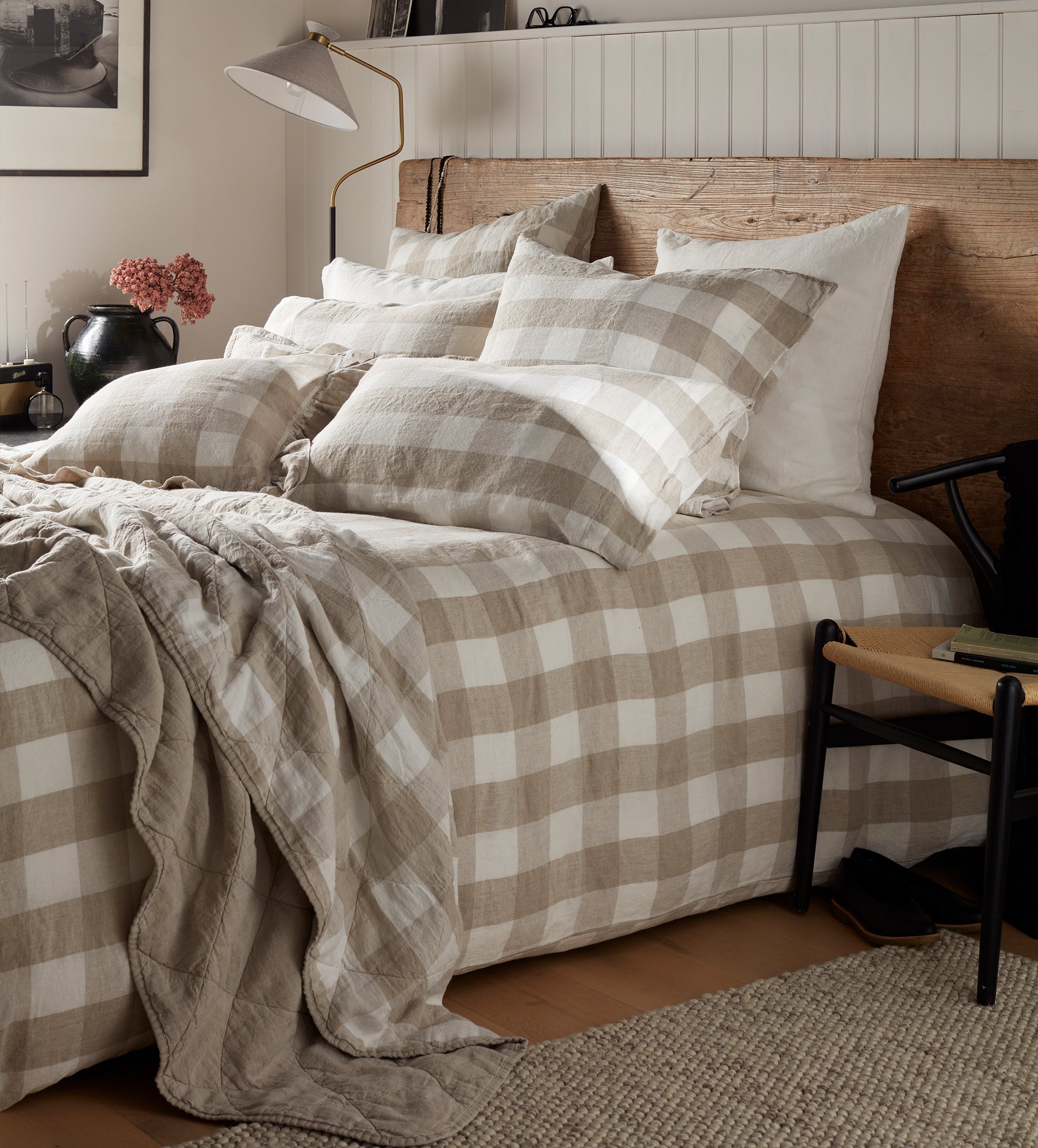 Natural Gracie Gingham 100% Linen Bed Linen