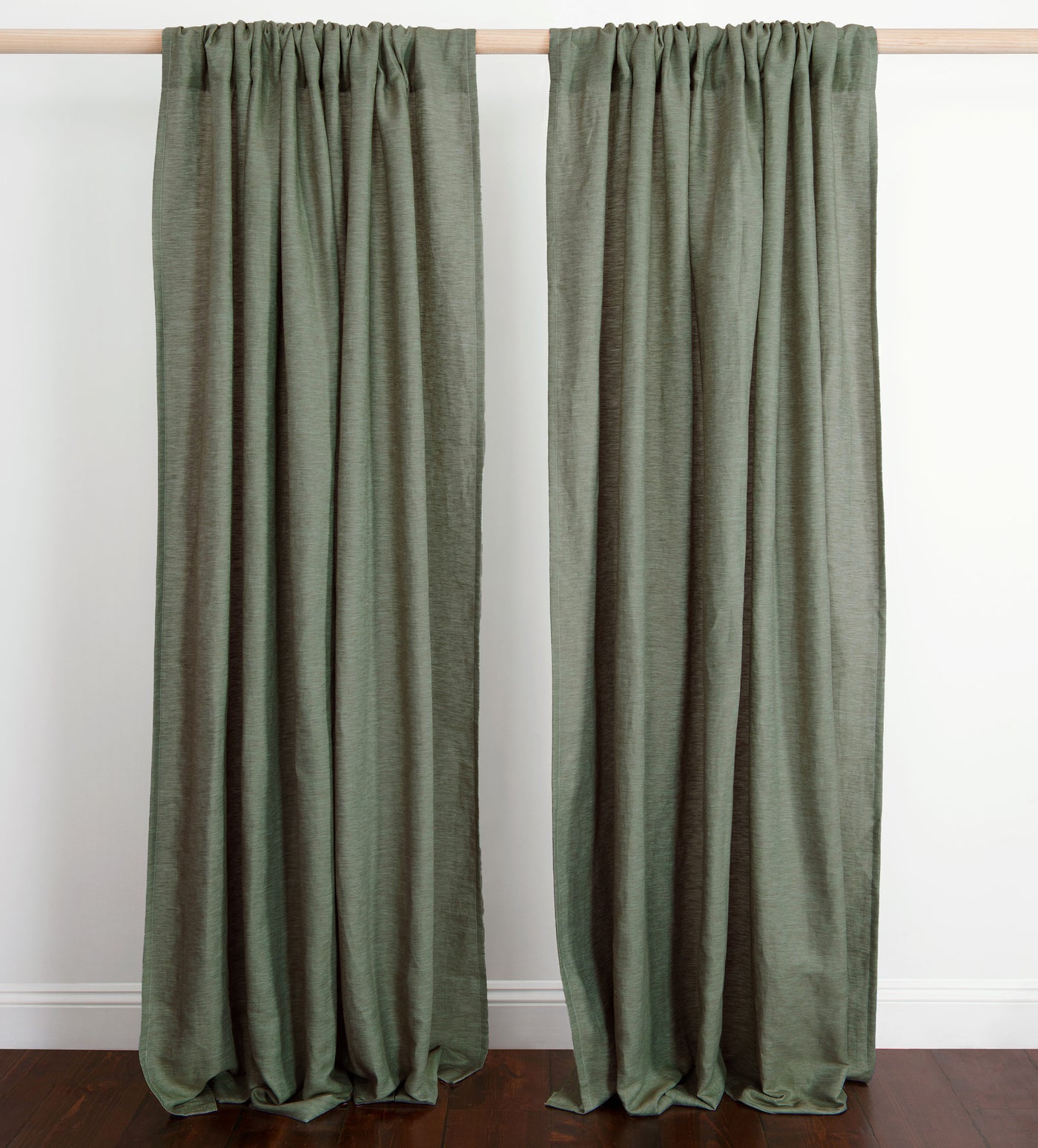 Olive Green Twill Cotton Linen Unlined Loop Top Curtains (Pair)