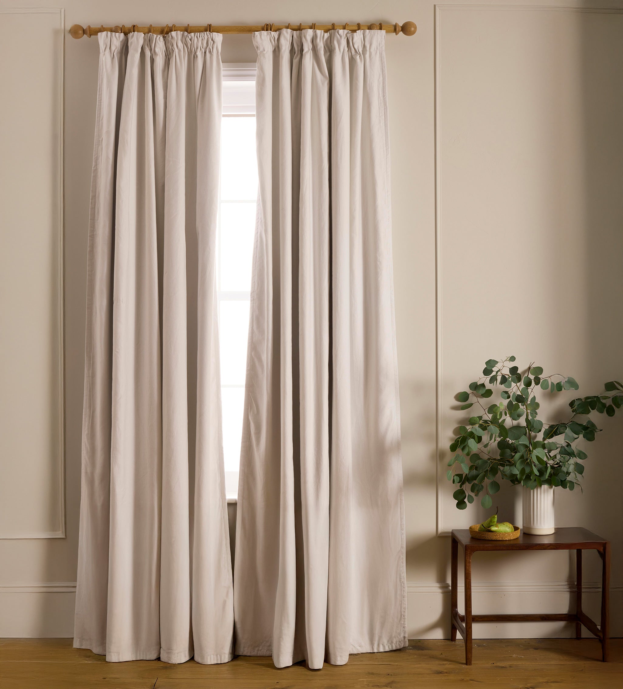 Off White Twill Cotton Linen Blackout Pencil Pleat Curtains (Pair)