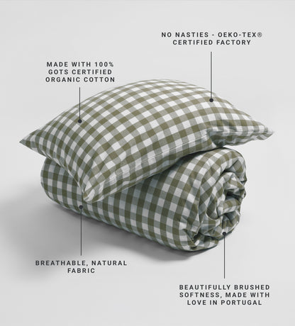 Olive Green Gilbert Gingham Brushed 100% Organic Cotton Duvet Cover