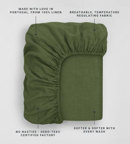 Olive Green 100% Linen Fitted Sheet