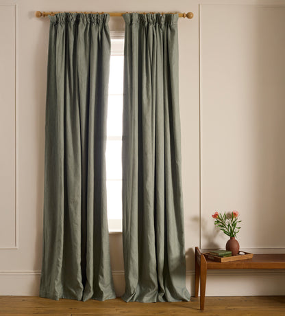 Olive Green Twill Cotton Linen Blackout Pencil Pleat Curtains (Pair)