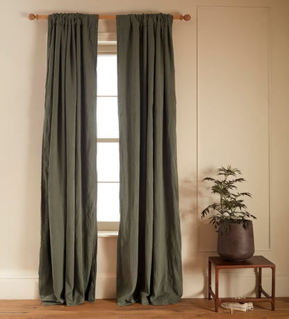 Olive Green Linen Lined Loop Top Curtains