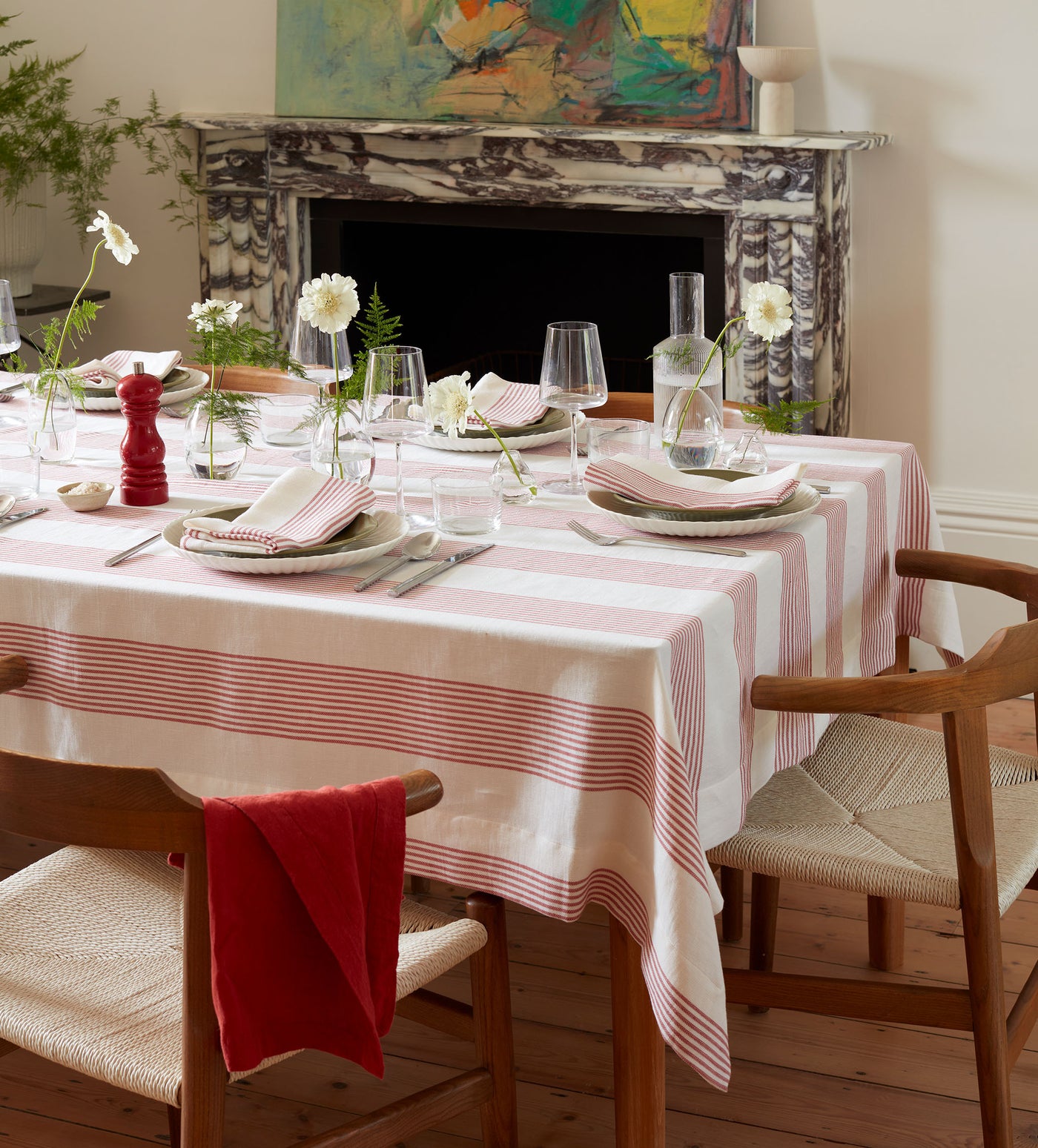 Red Ticking Stripe Cotton Linen Tablecloth