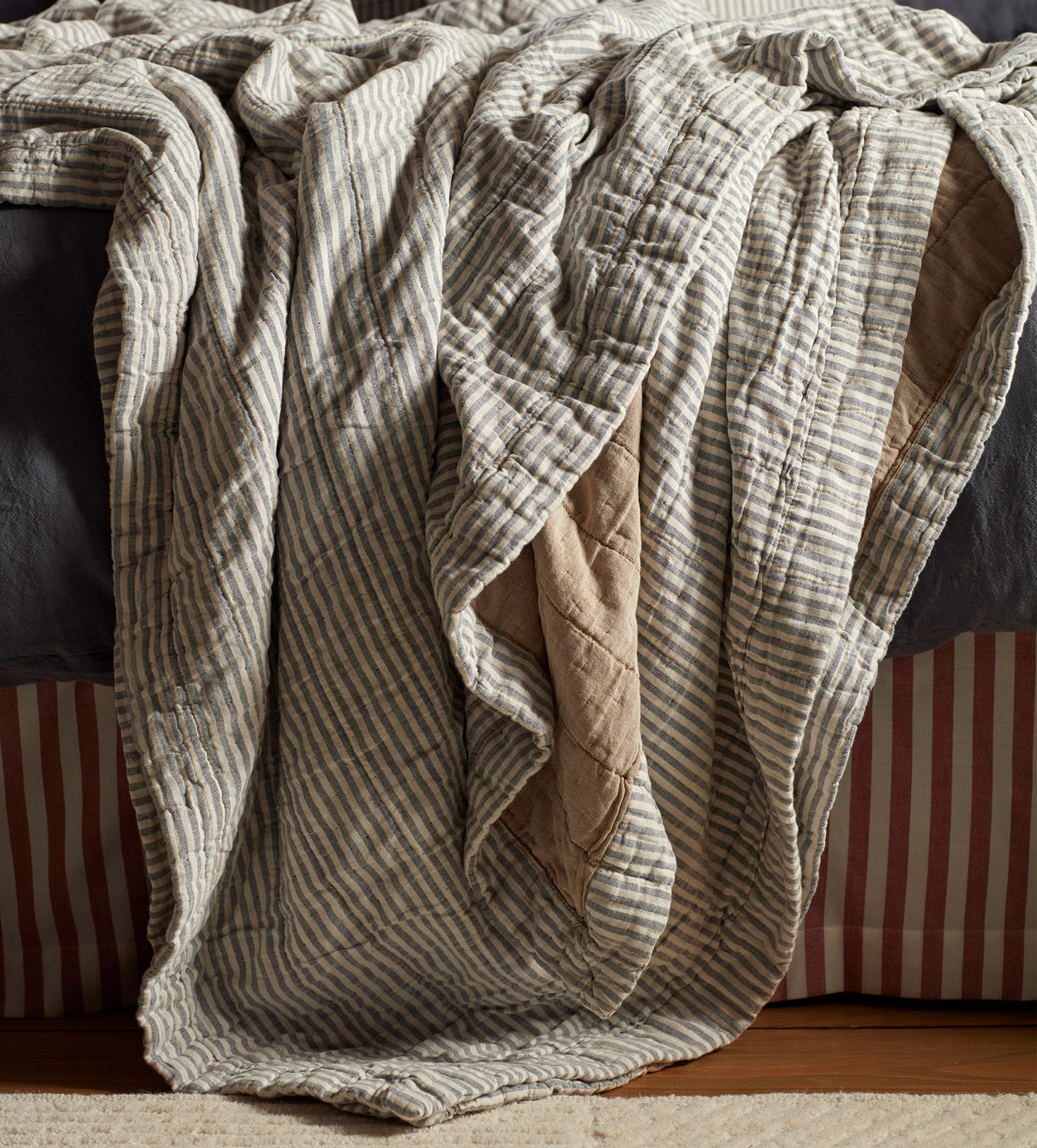 French Blue Sidney Stripe 100% Organic Cotton Quilted Throw