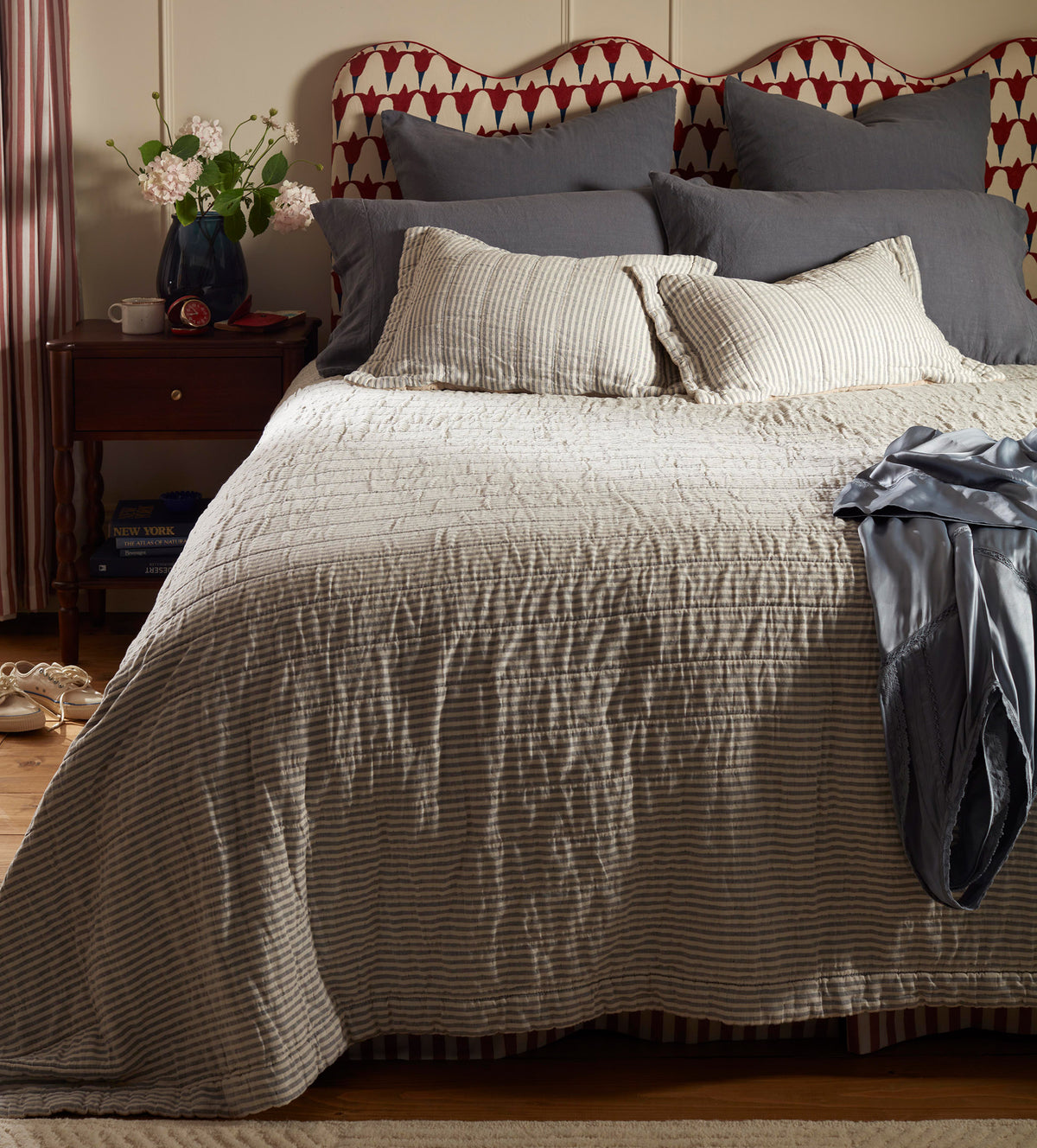 French Blue Sidney Stripe 100% Organic Cotton Quilted Cushion Cover