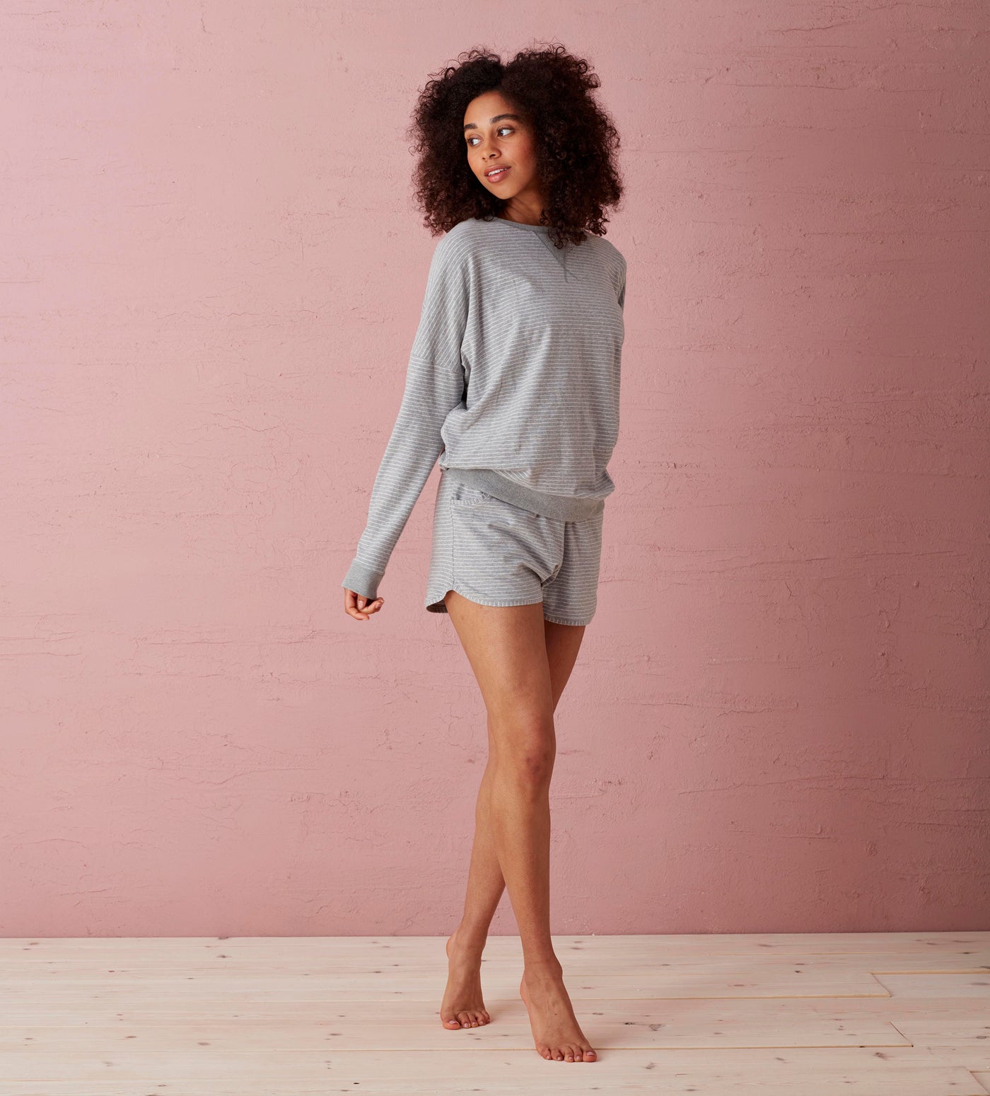 Cassie Grey Stripe Organic Shorts Side Model