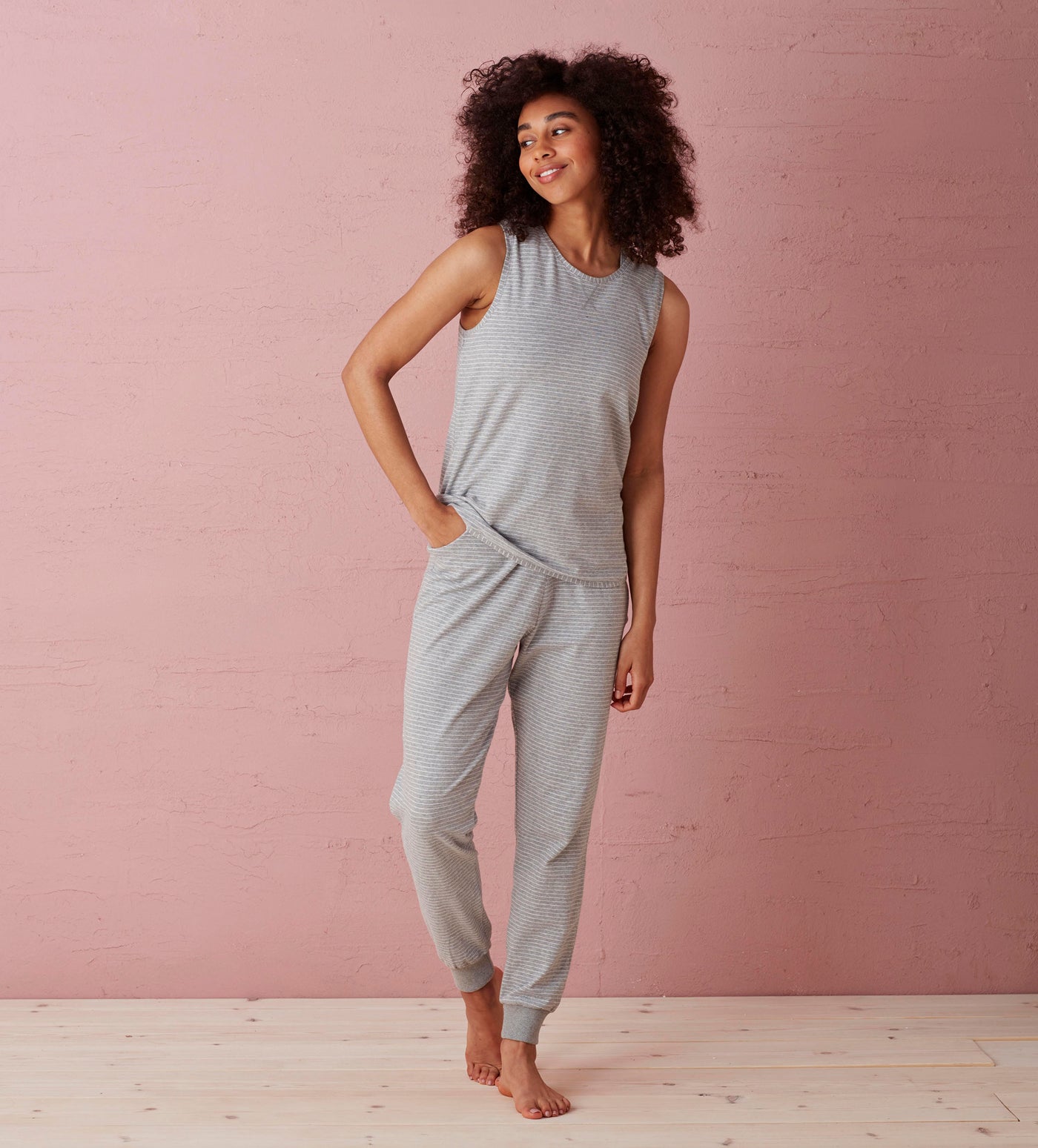 Cassie Grey Stripe Organic Sleep Vest Front Model