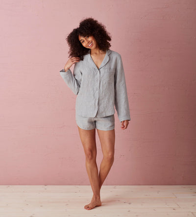 Flint Grey 100 Linen Long Sleeve Pyjama Model Front