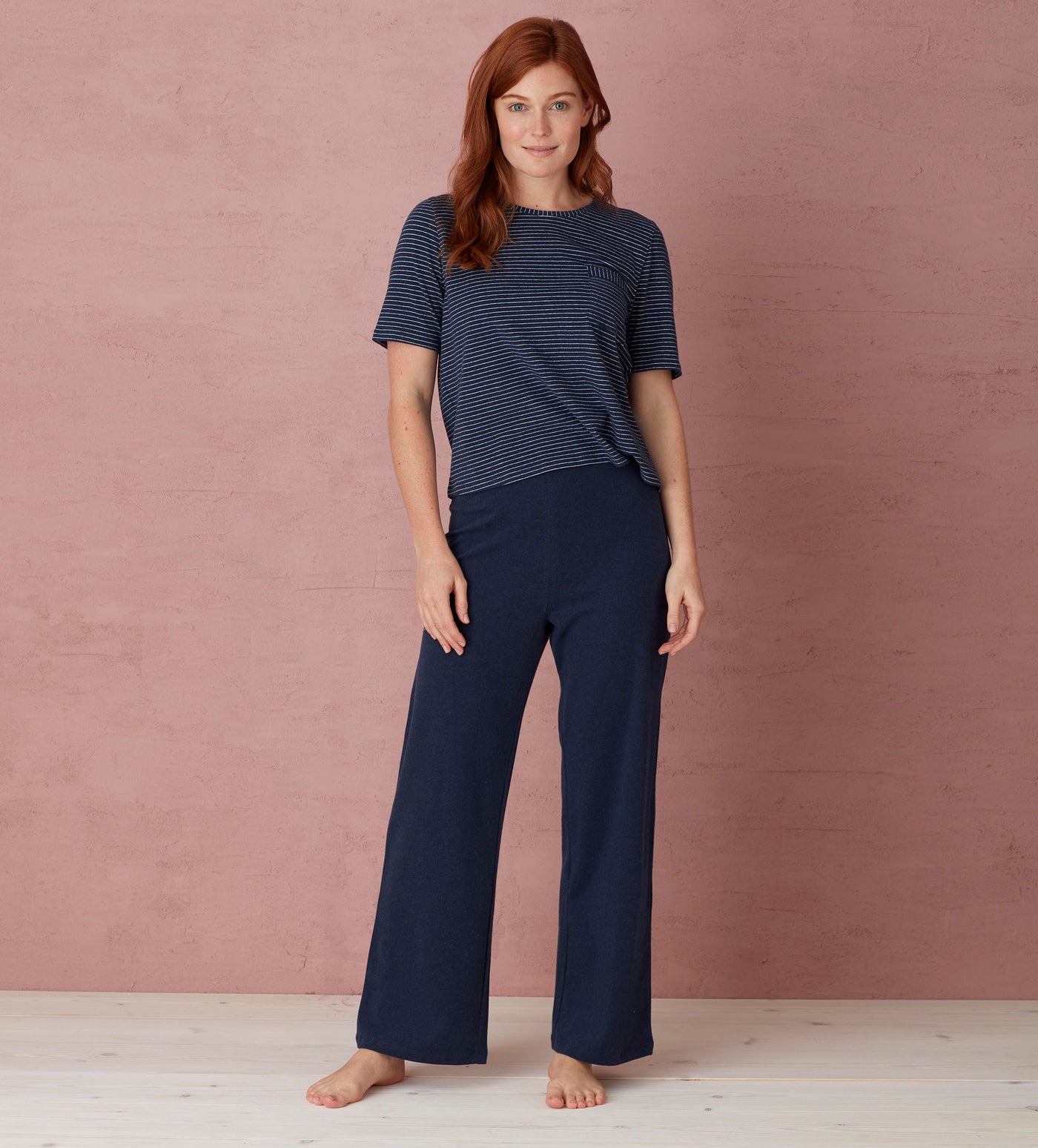 Libby Navy Organic Cotton Trousers Model Front 1