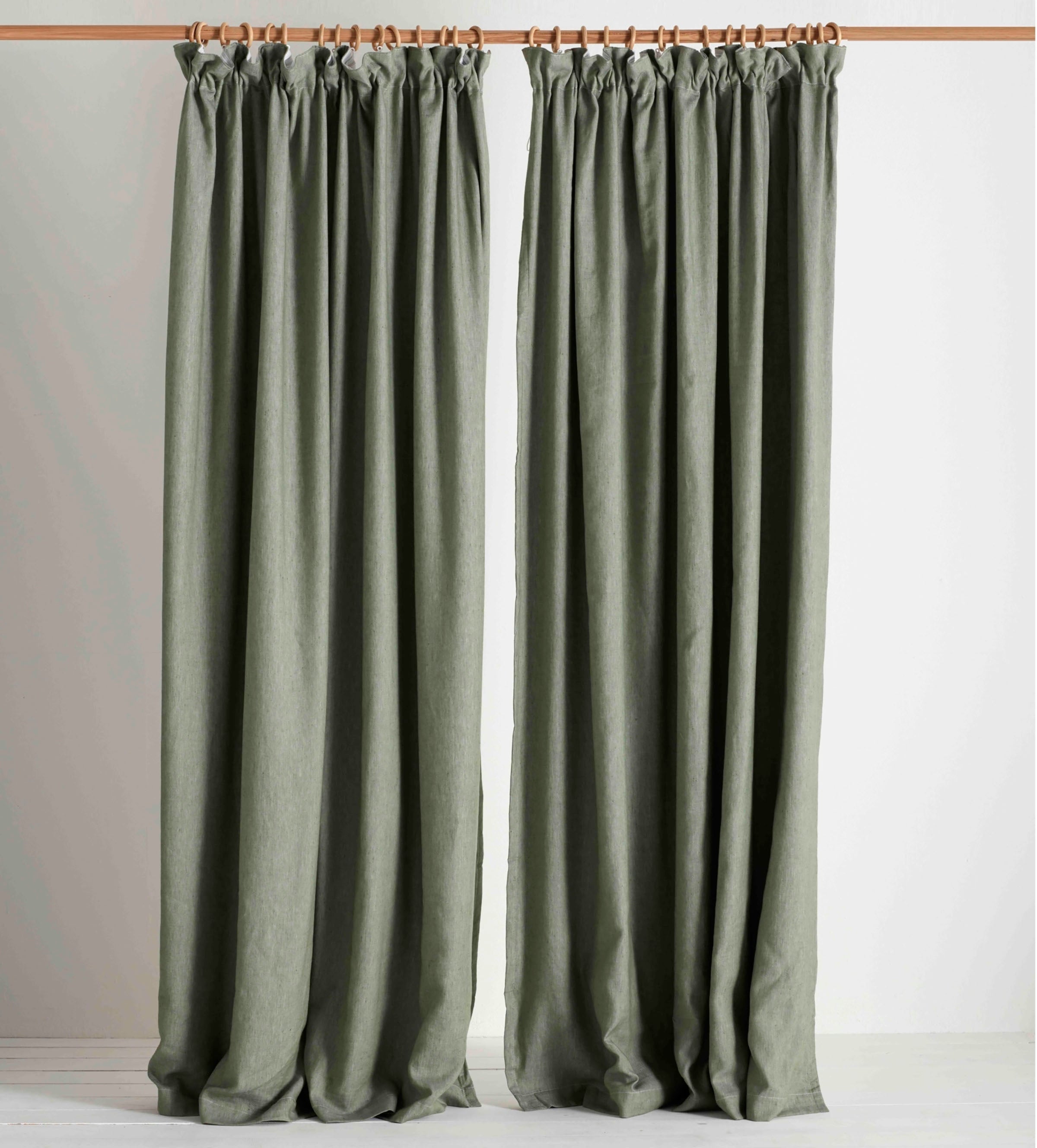 Olive Green Twill Cotton Linen Blackout Pencil Pleat Curtains (Pair)