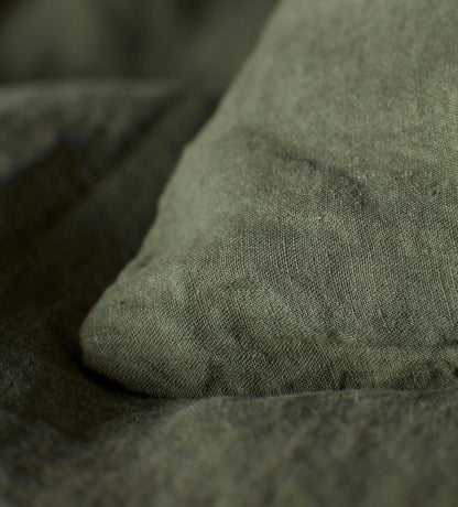 Olive Green 100% Linen Bedding Corner Detail