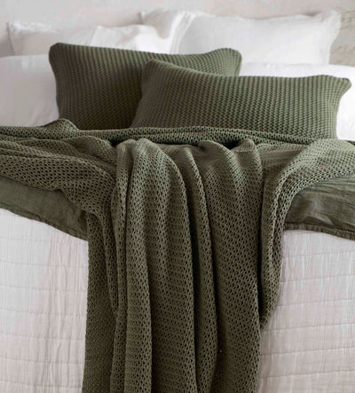Olive Green Knitted Cushion Cover and Bed Throw