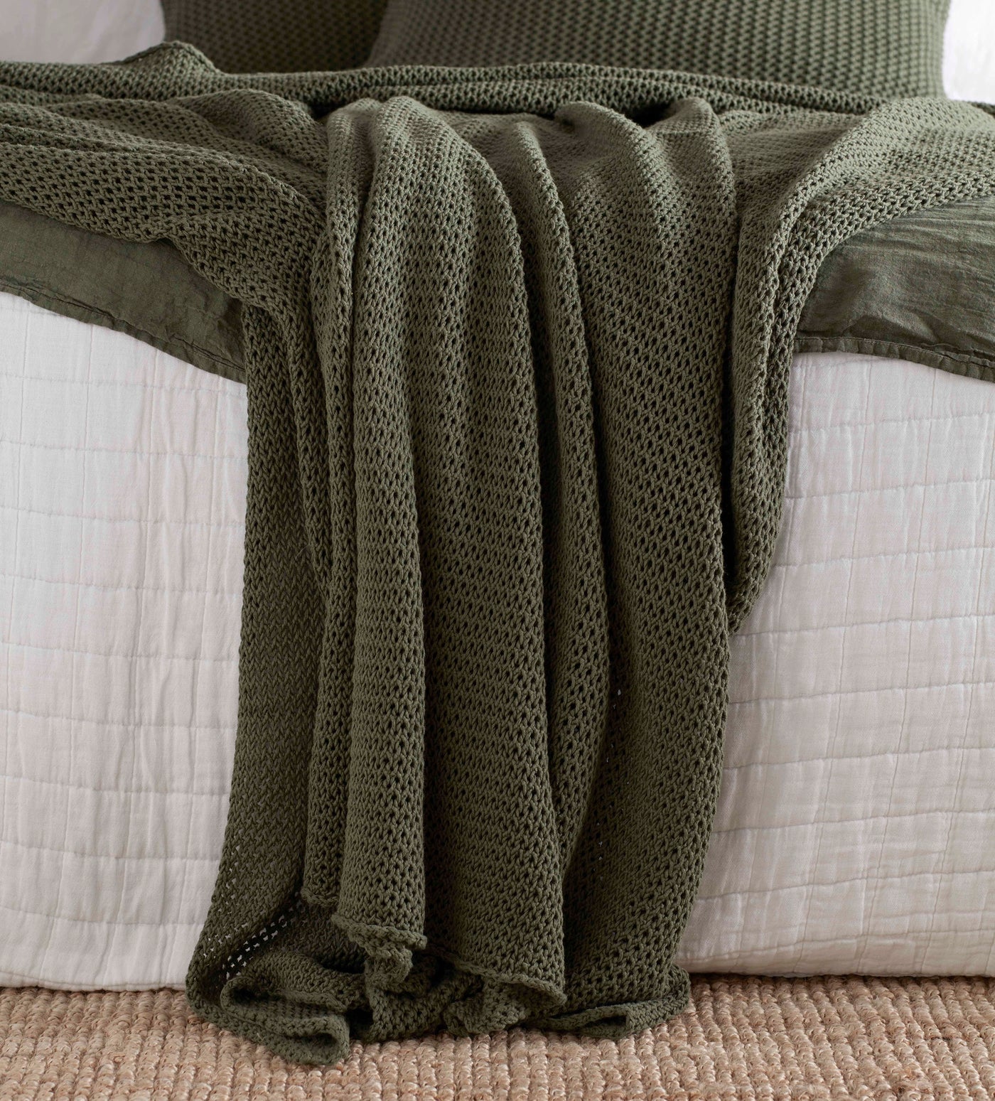 Olive Green Knitted Cushion Cover and Bed Throw