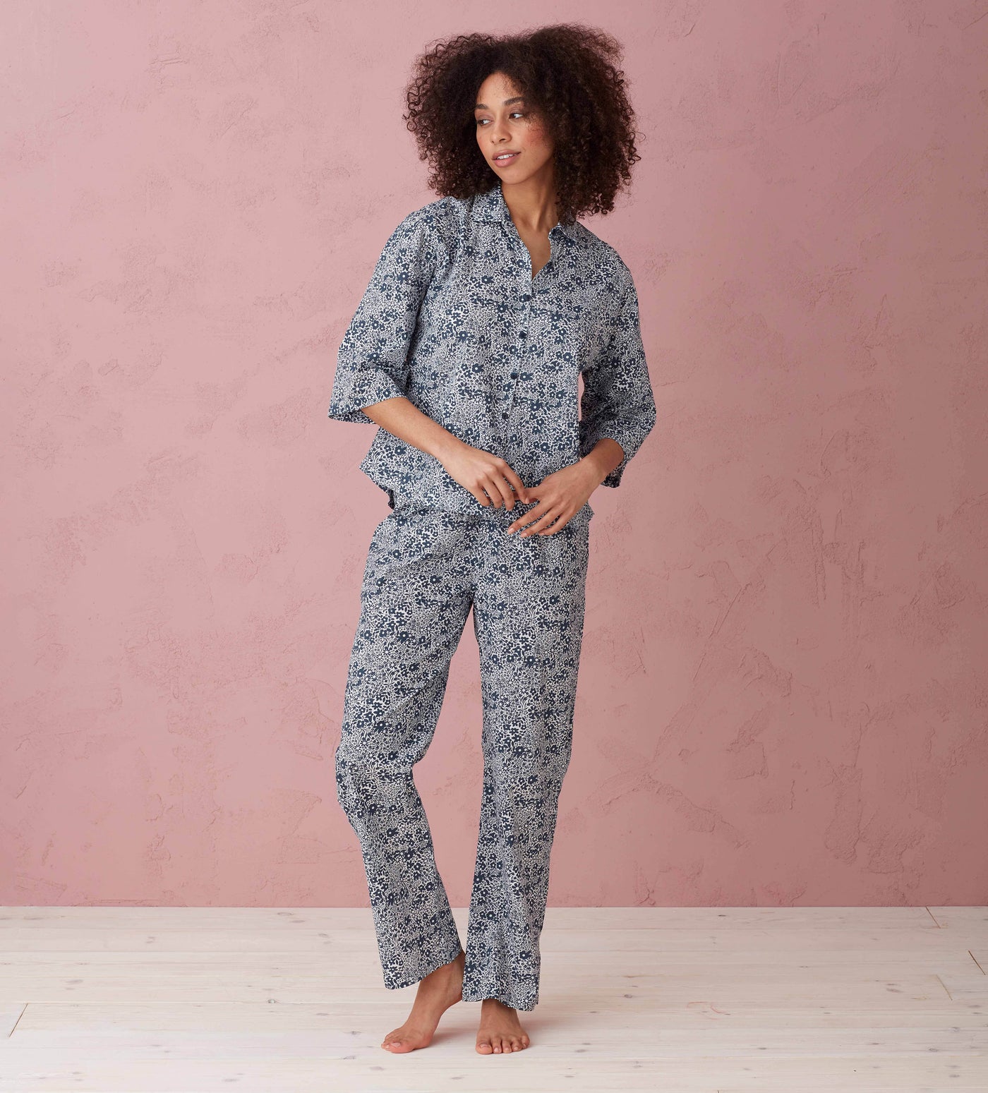 Penny Organic Pyjama Top Navy Model Front