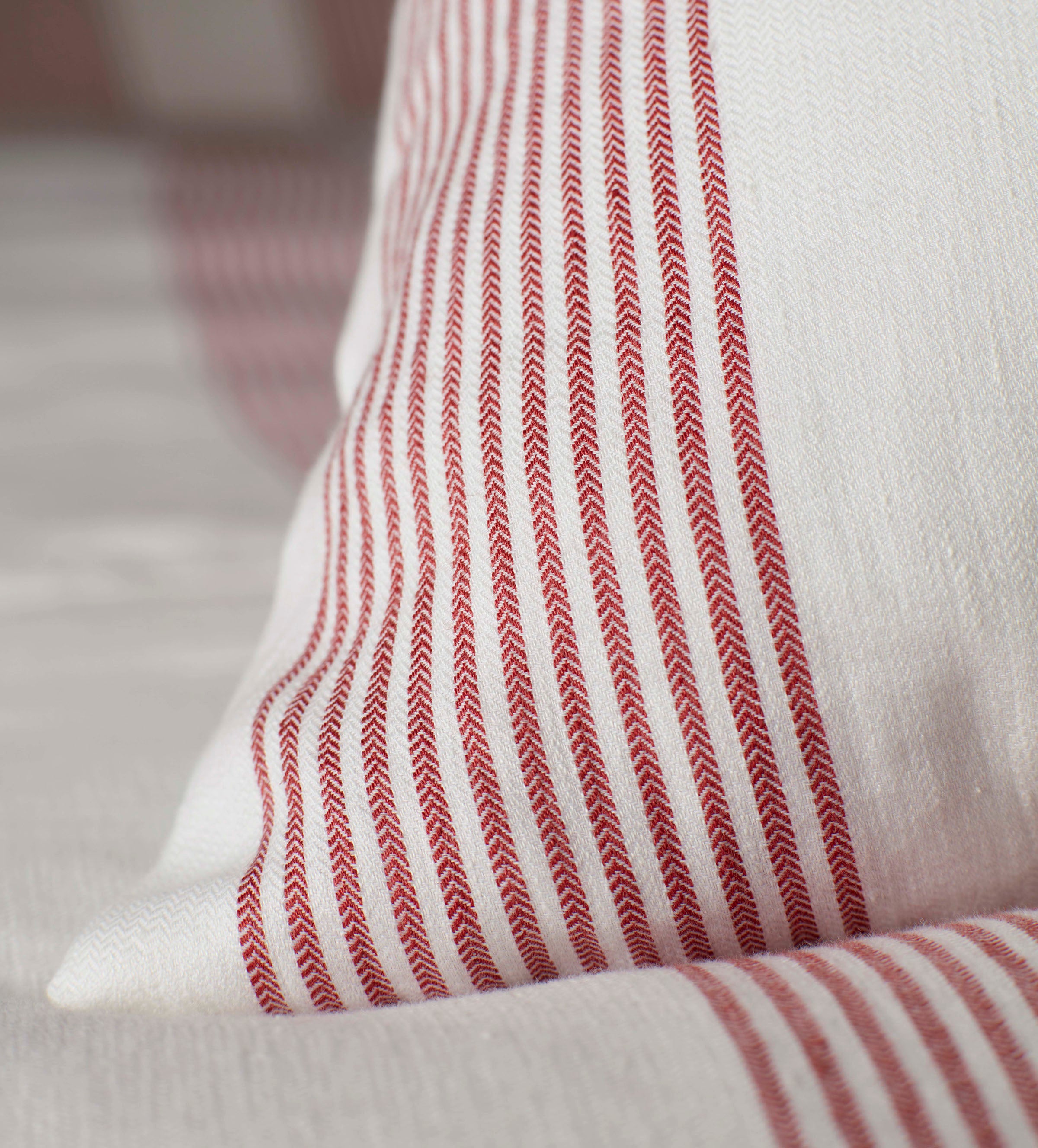 Red Ticking Striped Bedding Corner Detail