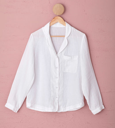 White 100 Linen Long Sleeve Pyjama Top Front