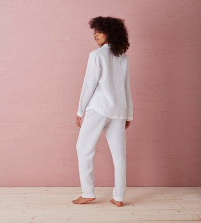 White 100 Linen Pyjama Bottoms Front Model Back