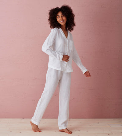 White 100 Linen Pyjama Bottoms Front Model Front