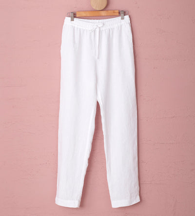 White 100 Linen Pyjama Bottoms Front