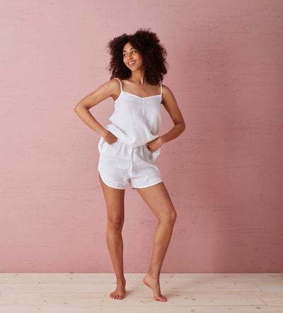 White 100 Linen Shorts Model Front